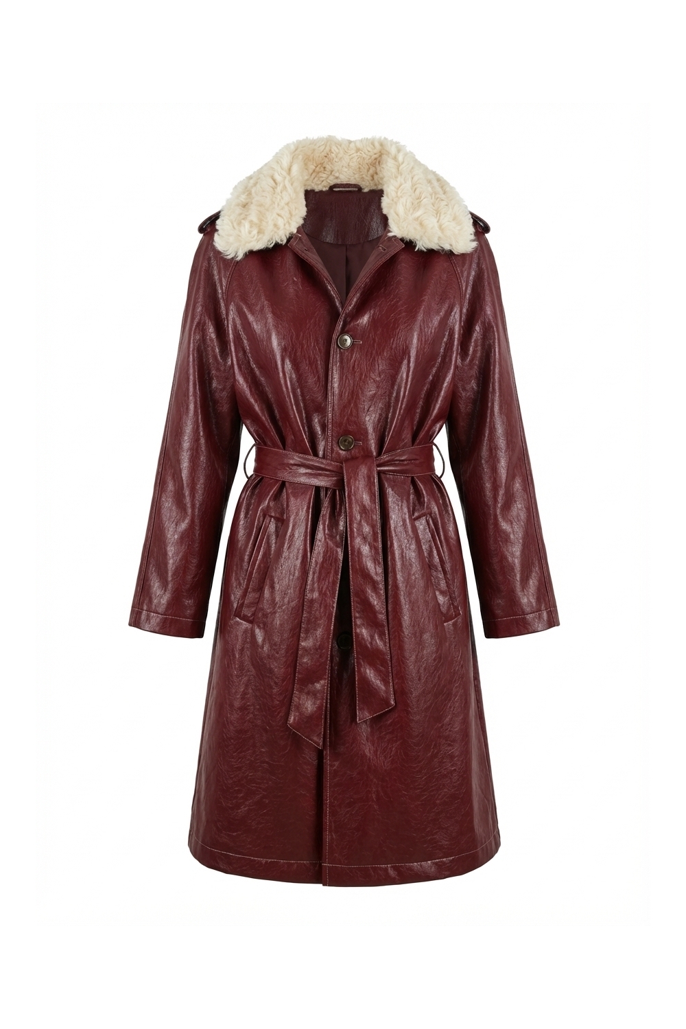 Bordeaux-colored vinyl trench coat made in Italy