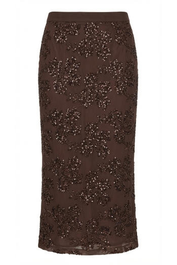 Chocolate-colored sequined maxi skirt made in Italy