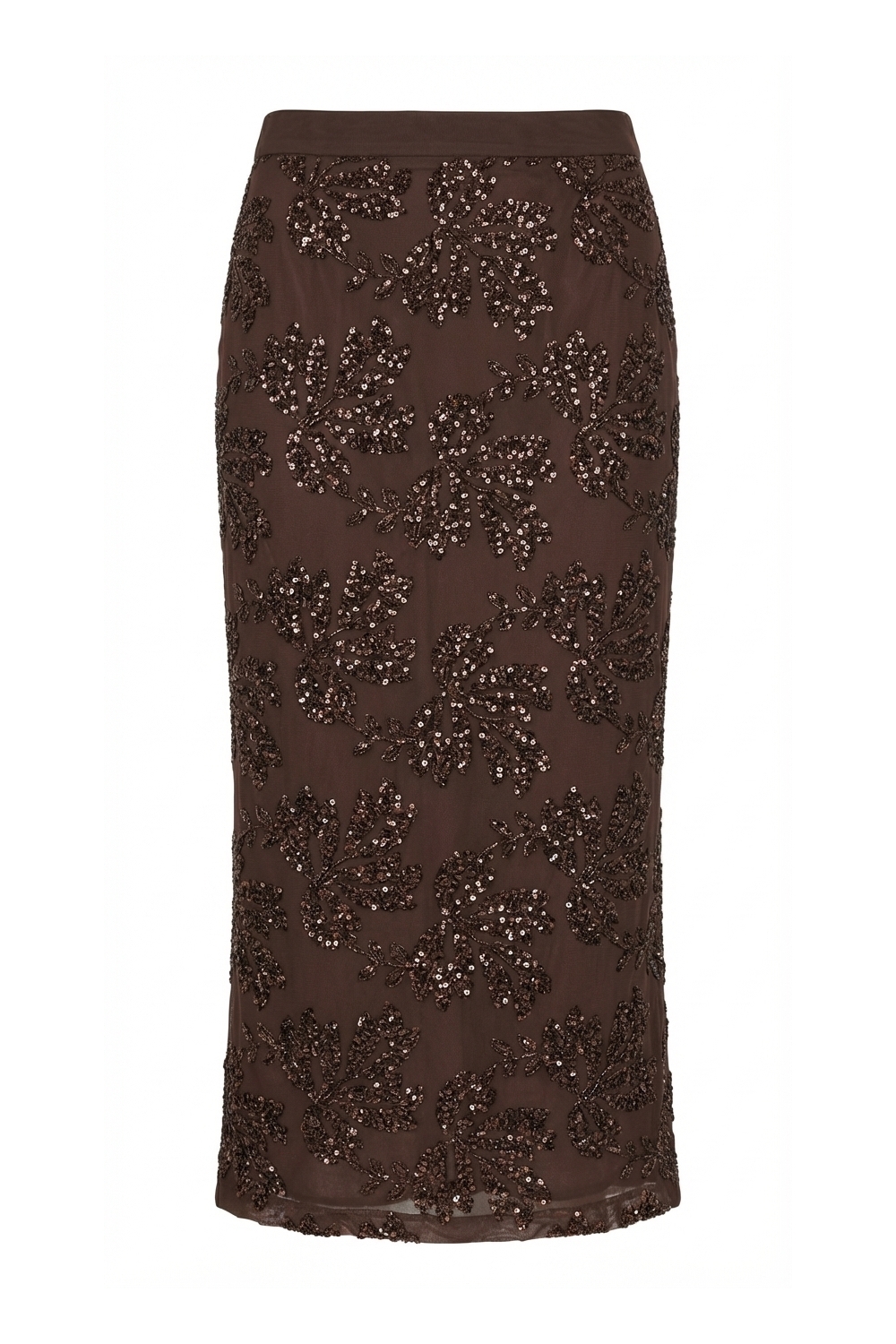 Chocolate-colored sequined maxi skirt made in Italy