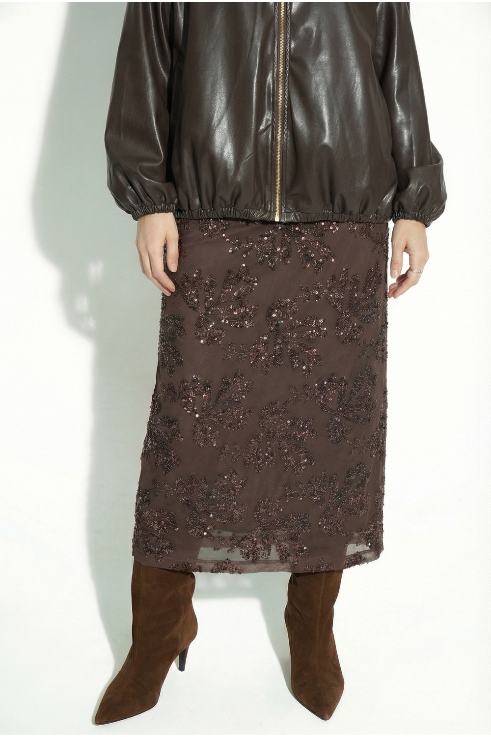 Chocolate-colored sequined maxi skirt made in Italy