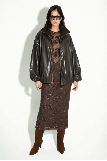 Chocolate-colored sequined maxi skirt made in Italy