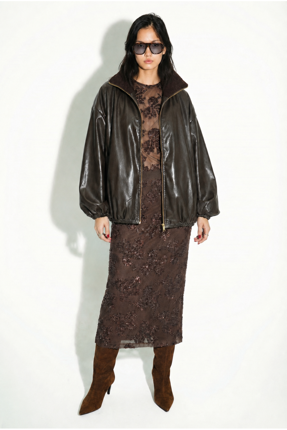 Chocolate-colored sequined maxi skirt made in Italy