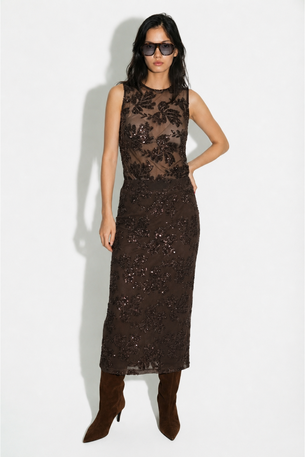 Chocolate-colored sequined maxi skirt made in Italy