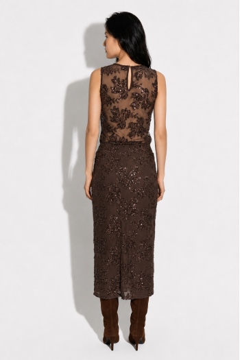 Chocolate-colored sequined maxi skirt made in Italy