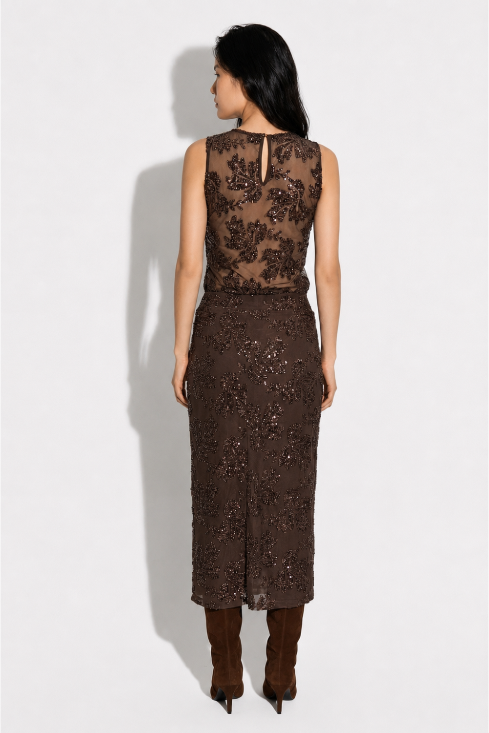 Chocolate-colored sequined maxi skirt made in Italy