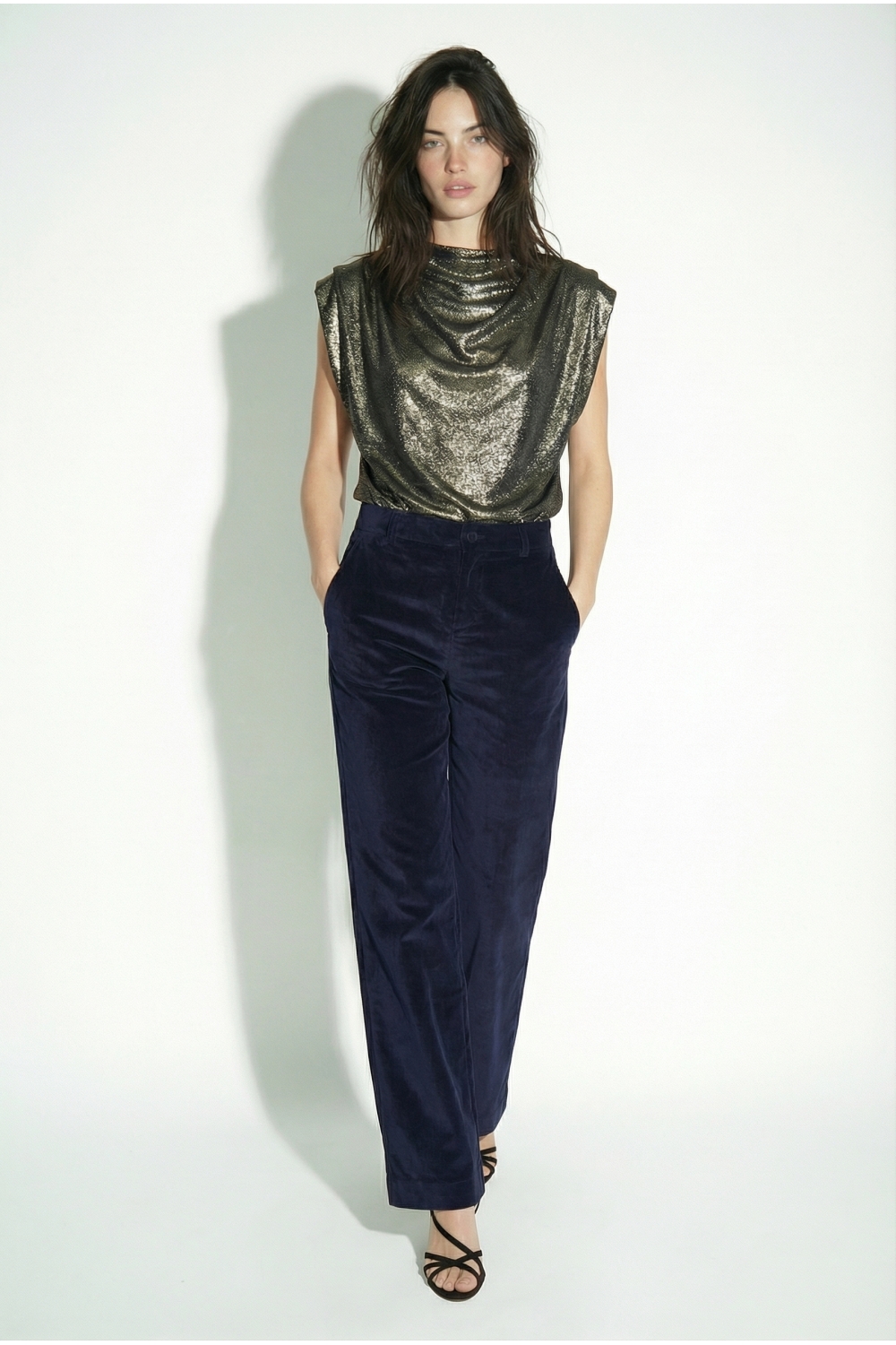 Pantalon Anja Smoking velour Navy fabriqué en Italie